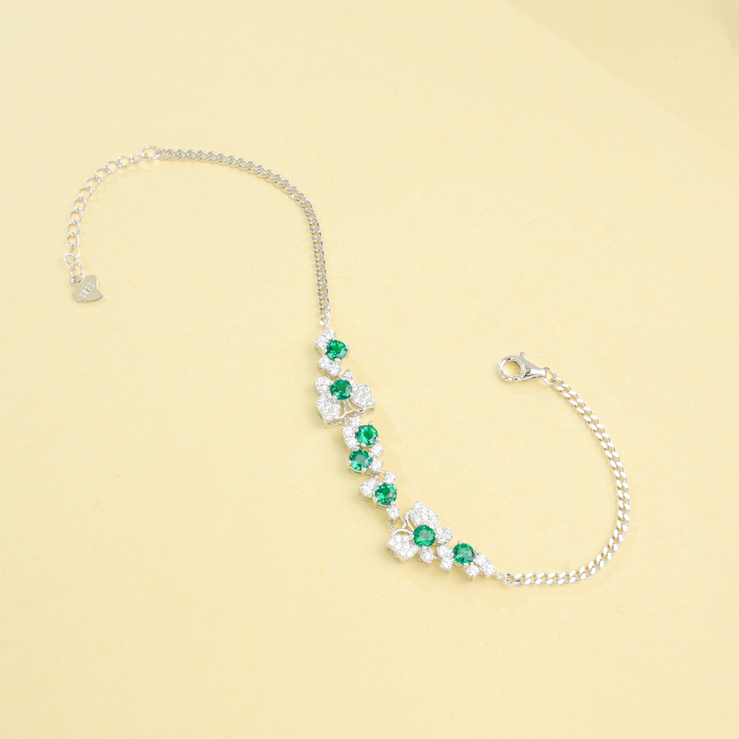 Lab Grown Emerald Floral Cluster Station Bracelet, 925 Sterling Silver 1.1ct Green Gemstone, 7 Stones