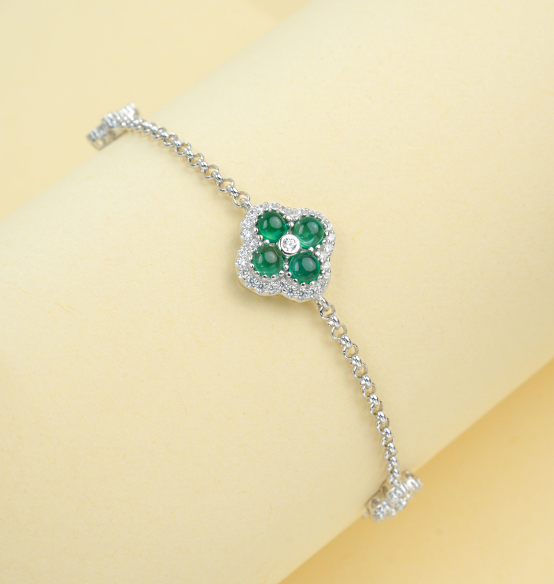 S925 Sterling Silver Emerald Clover Adjustable Bracelet