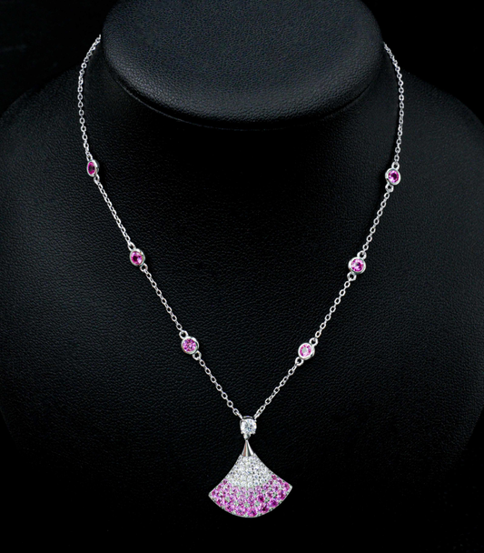 S925 Sterling Silver Lab Grown Padparadscha Sapphire Fan Shape Station Chain Necklace