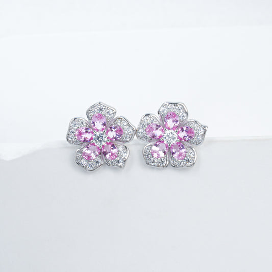 925 Sterling Silver Flower Stud Earrings, Oval Cut Lab Created Padparadscha Pink Sapphire Earrings with Pave CZ