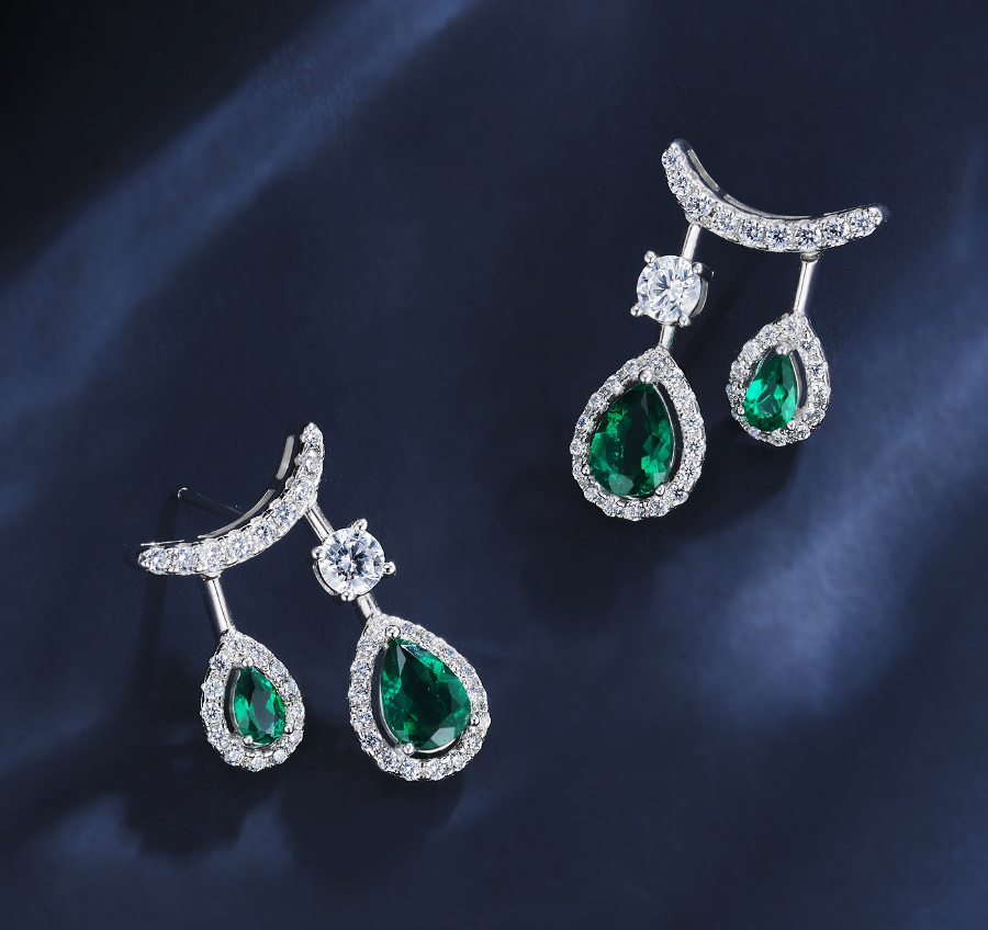 S925 Sterling Silver Emerald Pear Cut Front-Back Drop Earrings
