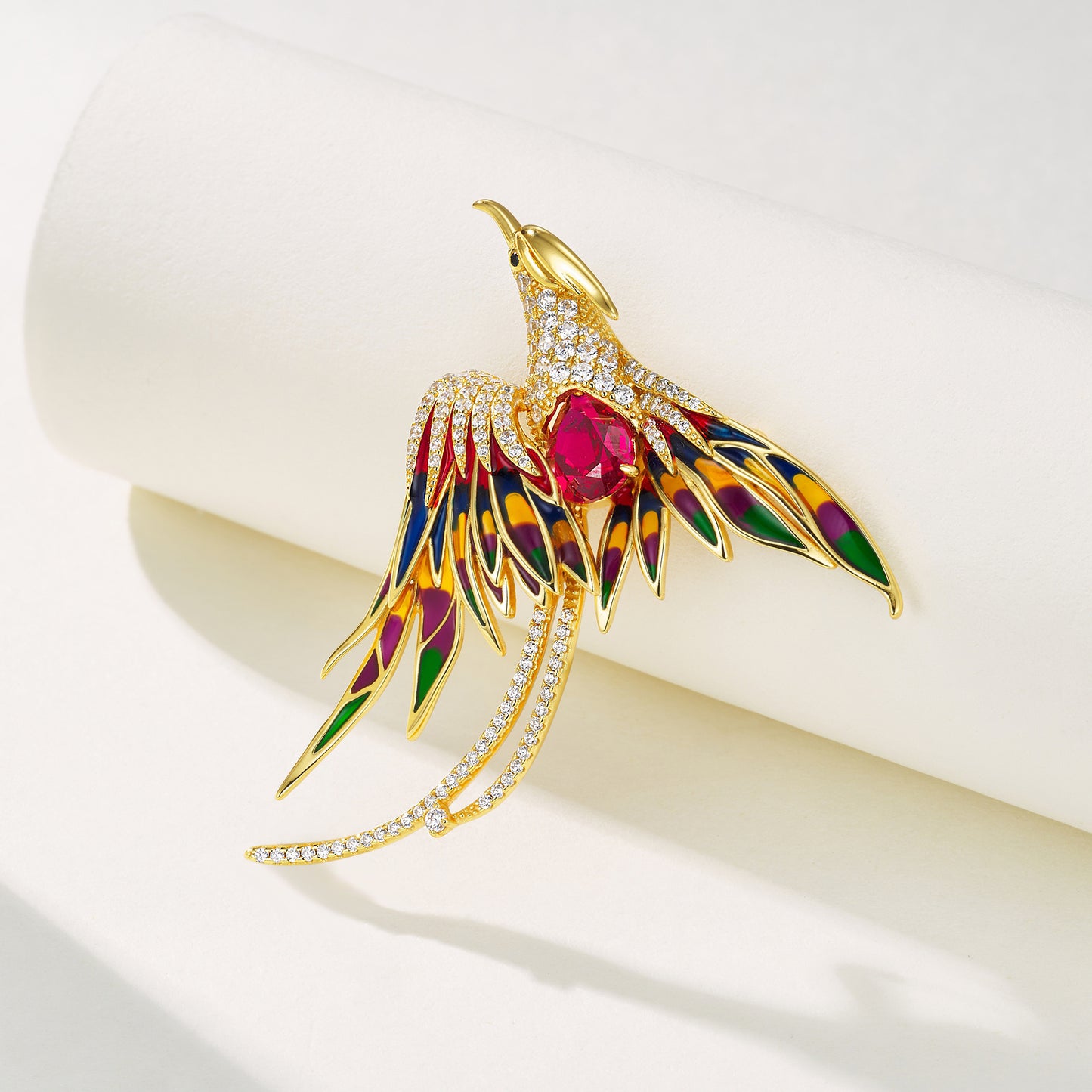 Lab Created Ruby Phoenix Brooch Pin, 925 Sterling Silver Multicolor Enamel Bird Statement Brooch, 3.16ct