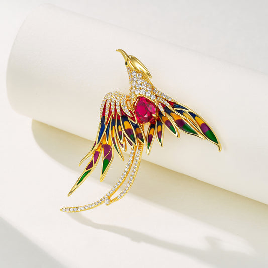 Lab Created Ruby Phoenix Brooch Pin, 925 Sterling Silver Multicolor Enamel Bird Statement Brooch, 3.16ct