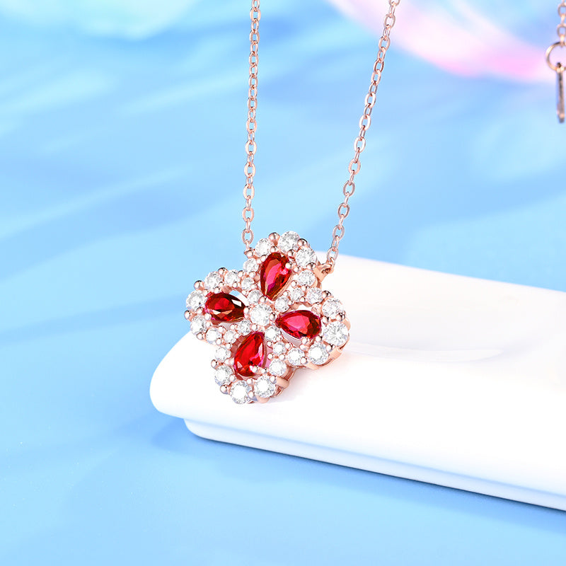 Lab Grown Ruby Four Leaf Clover Pendant Necklace, 925 Sterling Silver Rose Gold, Pear Cut 0.82ct Total