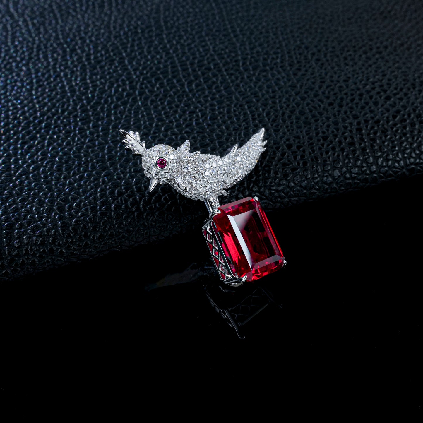 Lab Grown Ruby Bird Brooch, 925 Sterling Silver Emerald Cut Red Gemstone Statement Lapel Pin