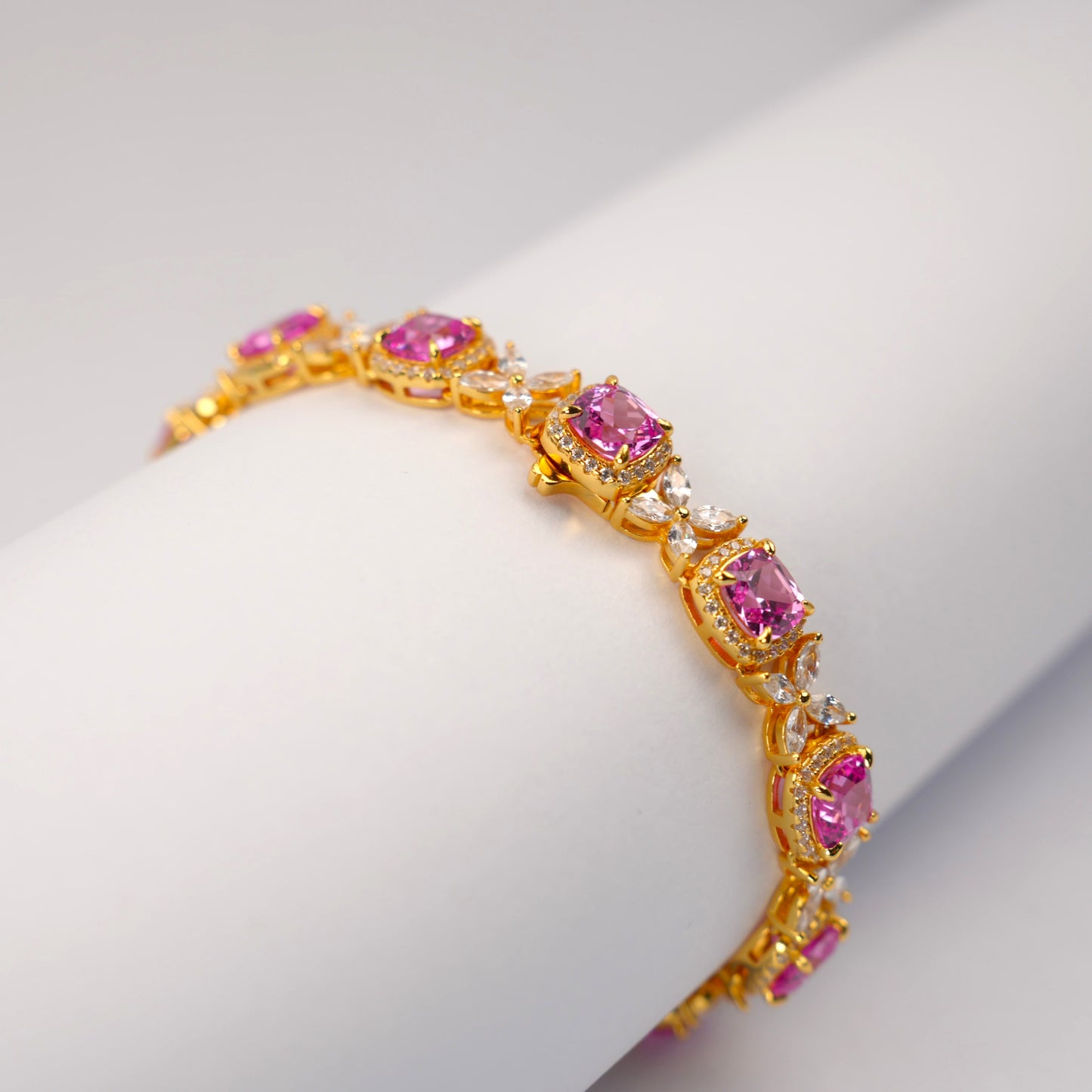 Lab Grown Padparadscha Sapphire Bracelet, 925 Sterling Silver Gold Plated, Cushion Cut Halo