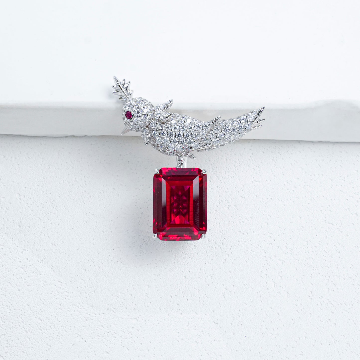Lab Grown Ruby Bird Brooch, 925 Sterling Silver Emerald Cut Red Gemstone Statement Lapel Pin