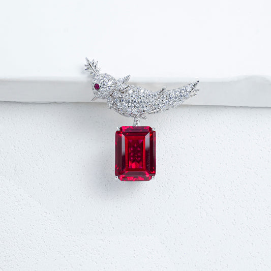 Lab Grown Ruby Bird Brooch, 925 Sterling Silver Emerald Cut Red Gemstone Statement Lapel Pin