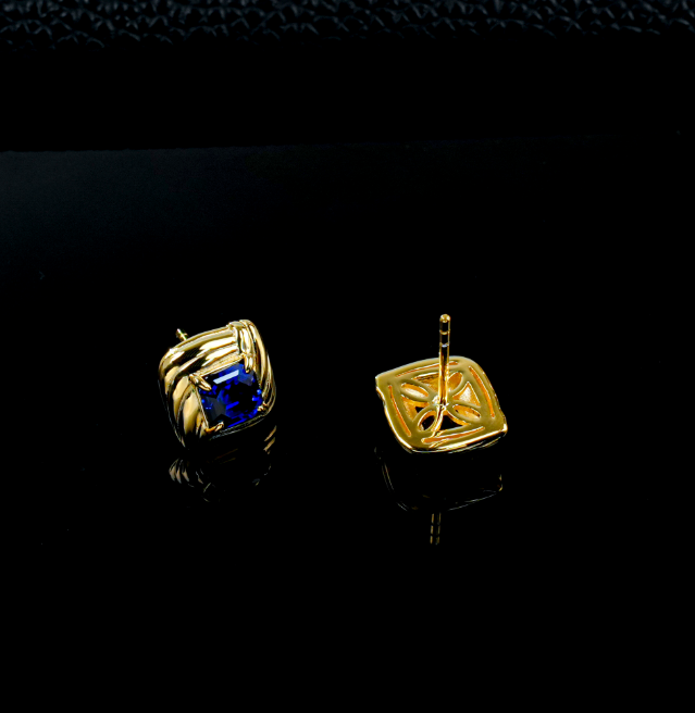 S925 Sterling Silver Lab Grown Blue Sapphire Twisted Square Stud Earrings