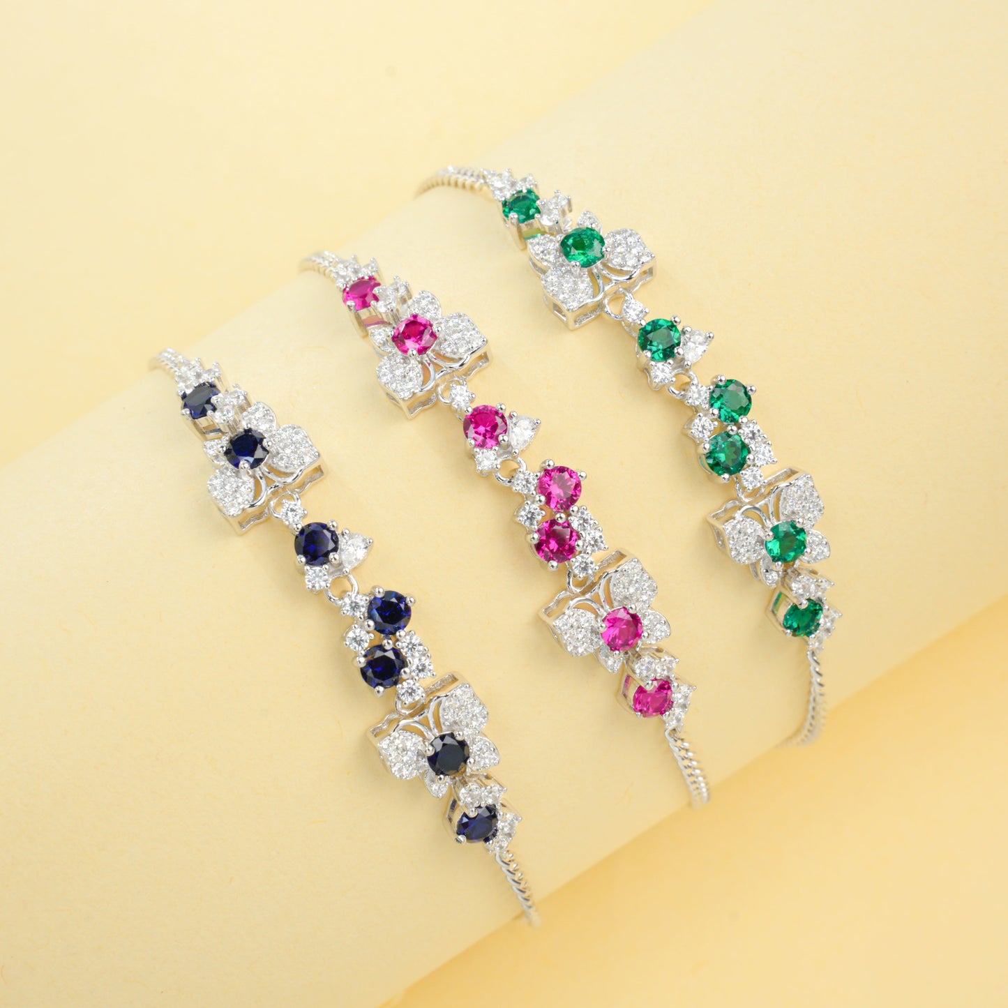 Lab Created Blue Sapphire Floral Cluster Bracelet, 925 Sterling Silver 1.49ct Green Gemstone Station Bracelet, 7 Stones