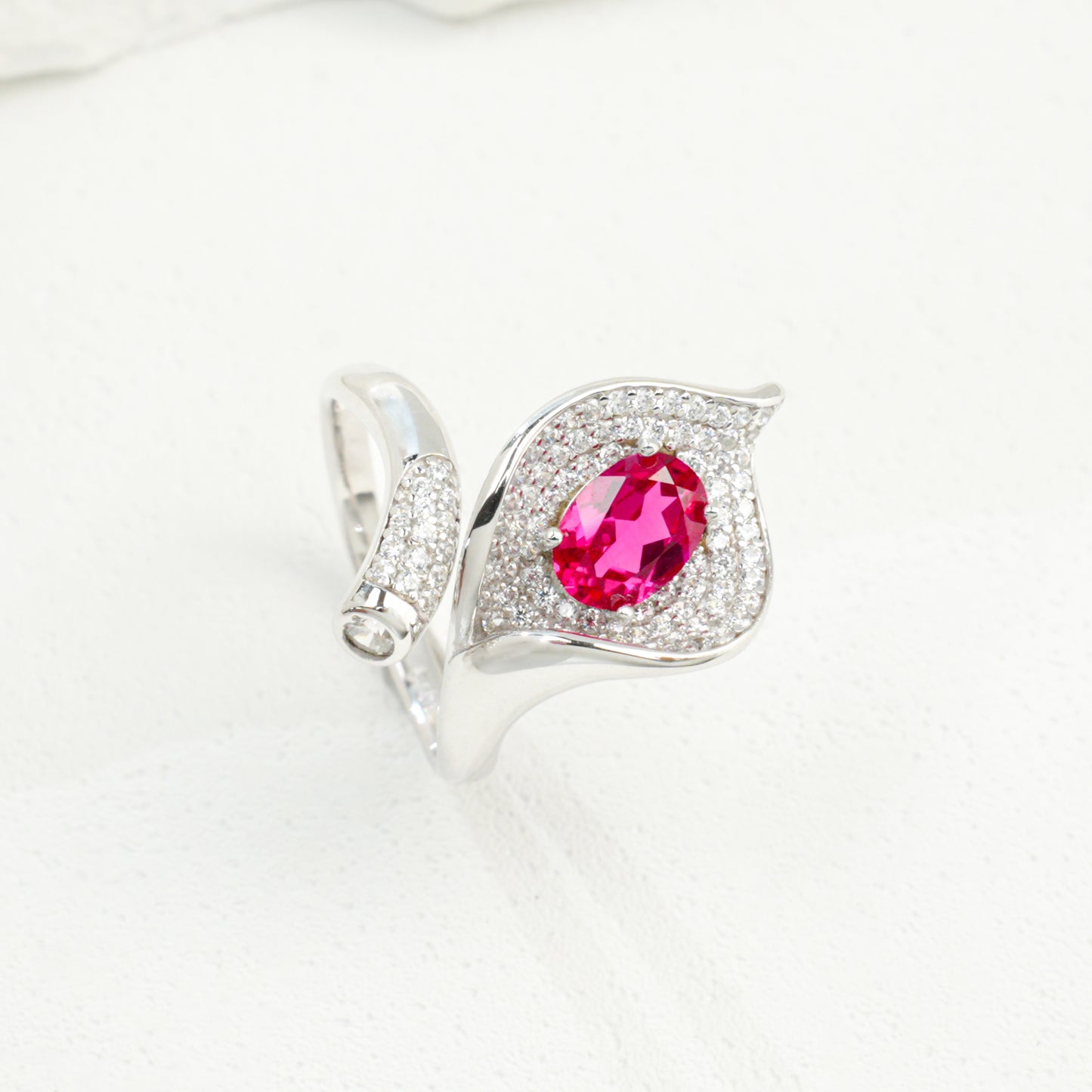 925 Sterling Silver Bypass Open Ring, 0.98ct Oval Lab Grown Ruby Adjustable Ring with Pave CZ