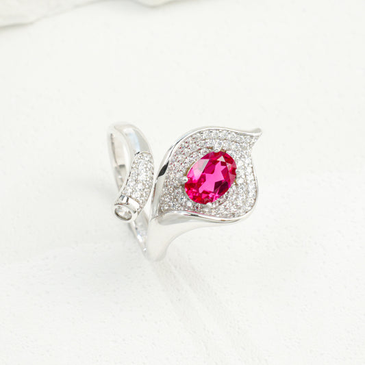 925 Sterling Silver Bypass Open Ring, 0.98ct Oval Lab Grown Ruby Adjustable Ring with Pave CZ