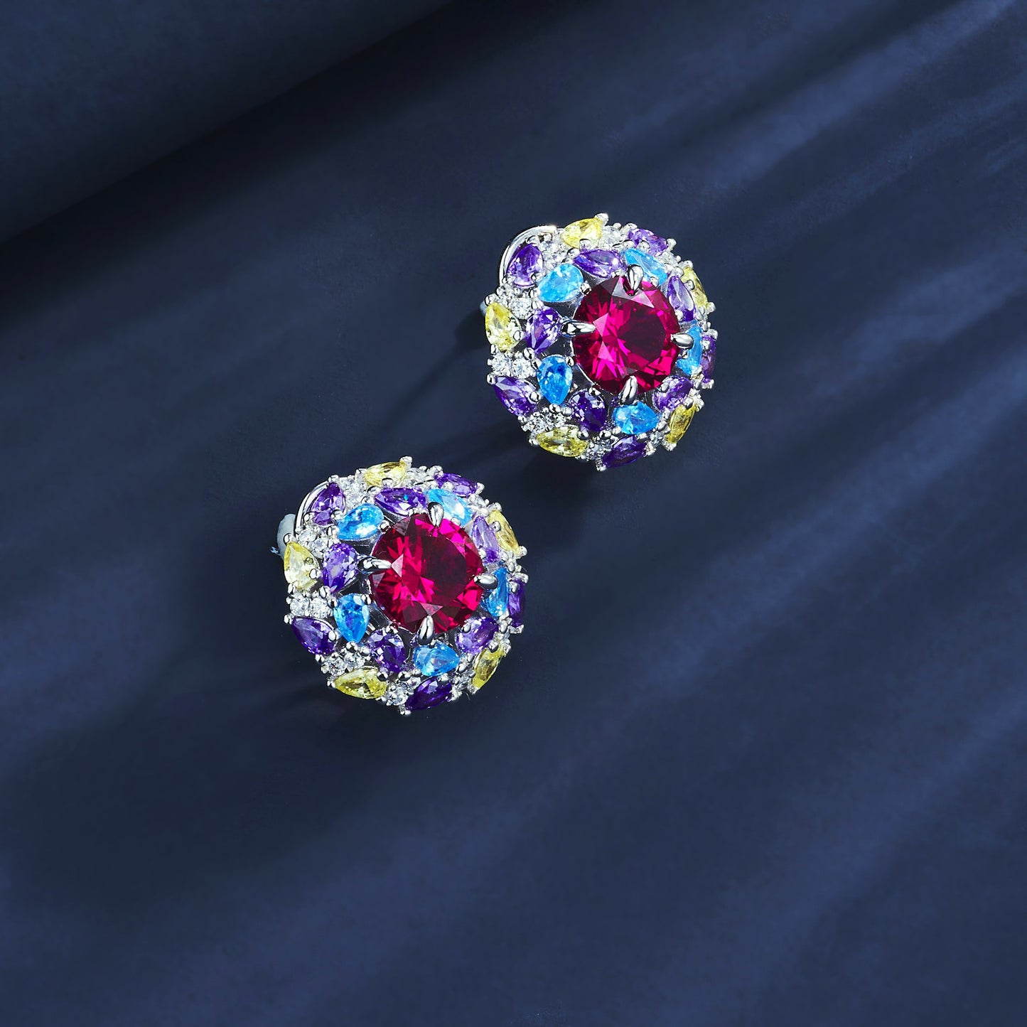 925 Sterling Silver Multi-Color Halo Stud Earrings, Round Lab Grown Ruby Earrings with Lab Created Gemstone Accents