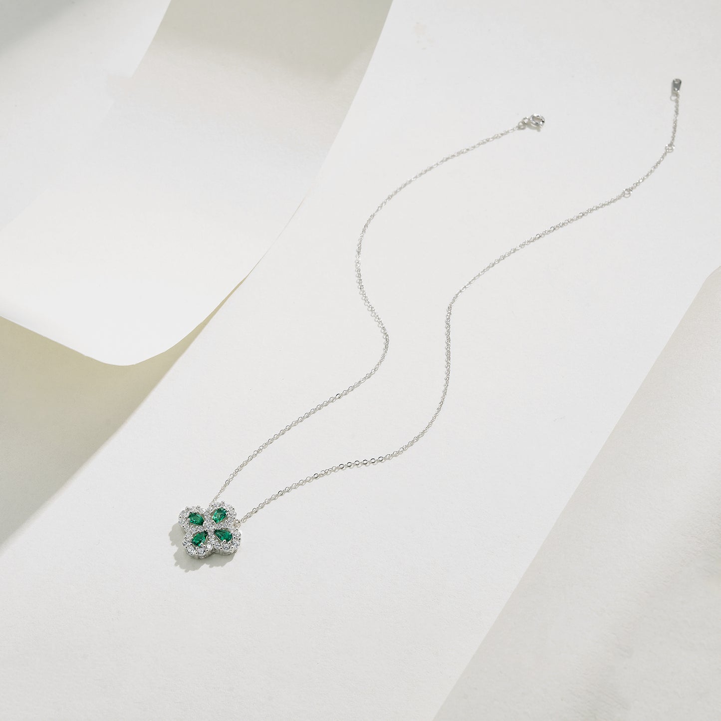 Lab Grown Emerald Four Leaf Clover Pendant Necklace, 925 Sterling Silver, Pear Cut 1ct Total