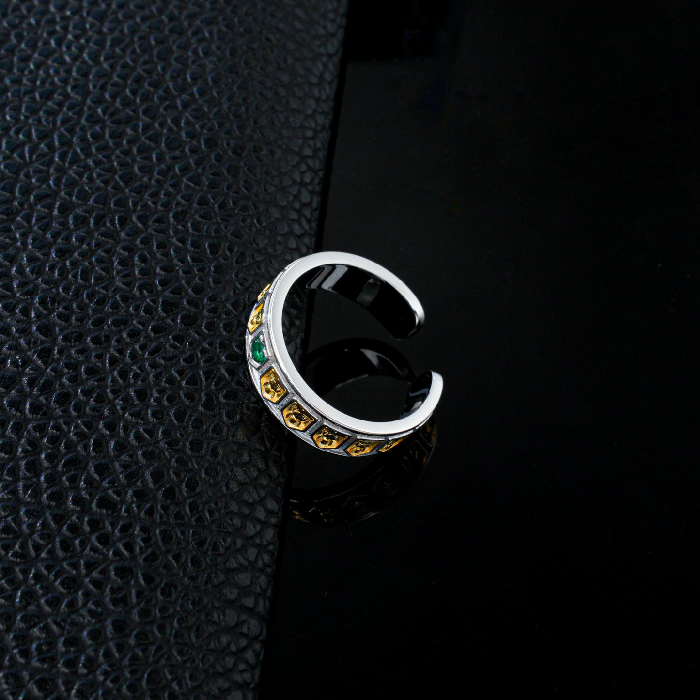 925 Sterling Silver Two-Tone Open Ring, Round Lab Grown Emerald Adjustable Band Ring with Carved Details