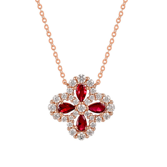 Lab Grown Ruby Four Leaf Clover Pendant Necklace, 925 Sterling Silver Rose Gold, Pear Cut 0.82ct Total