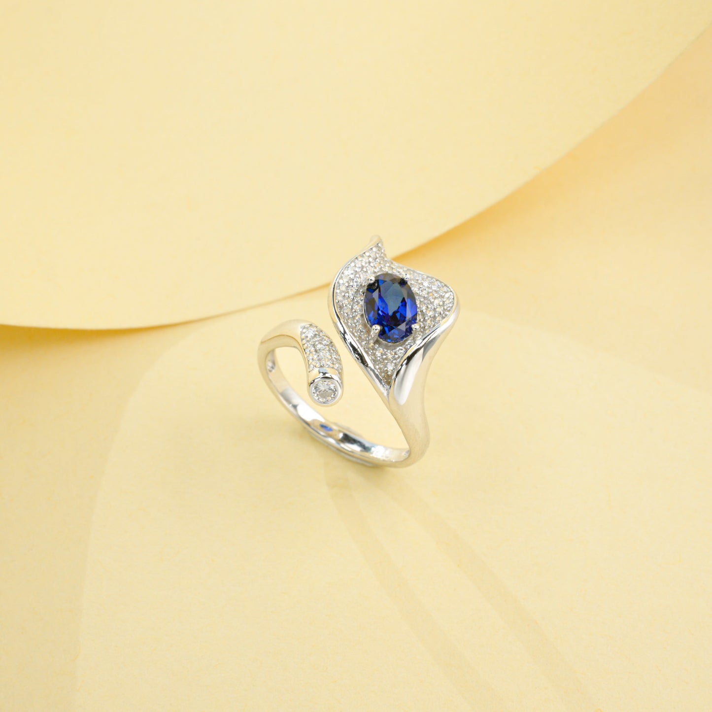 925 Sterling Silver Bypass Open Ring, 1.04ct Oval Lab Grown Blue Sapphire Adjustable Ring with Pave CZ