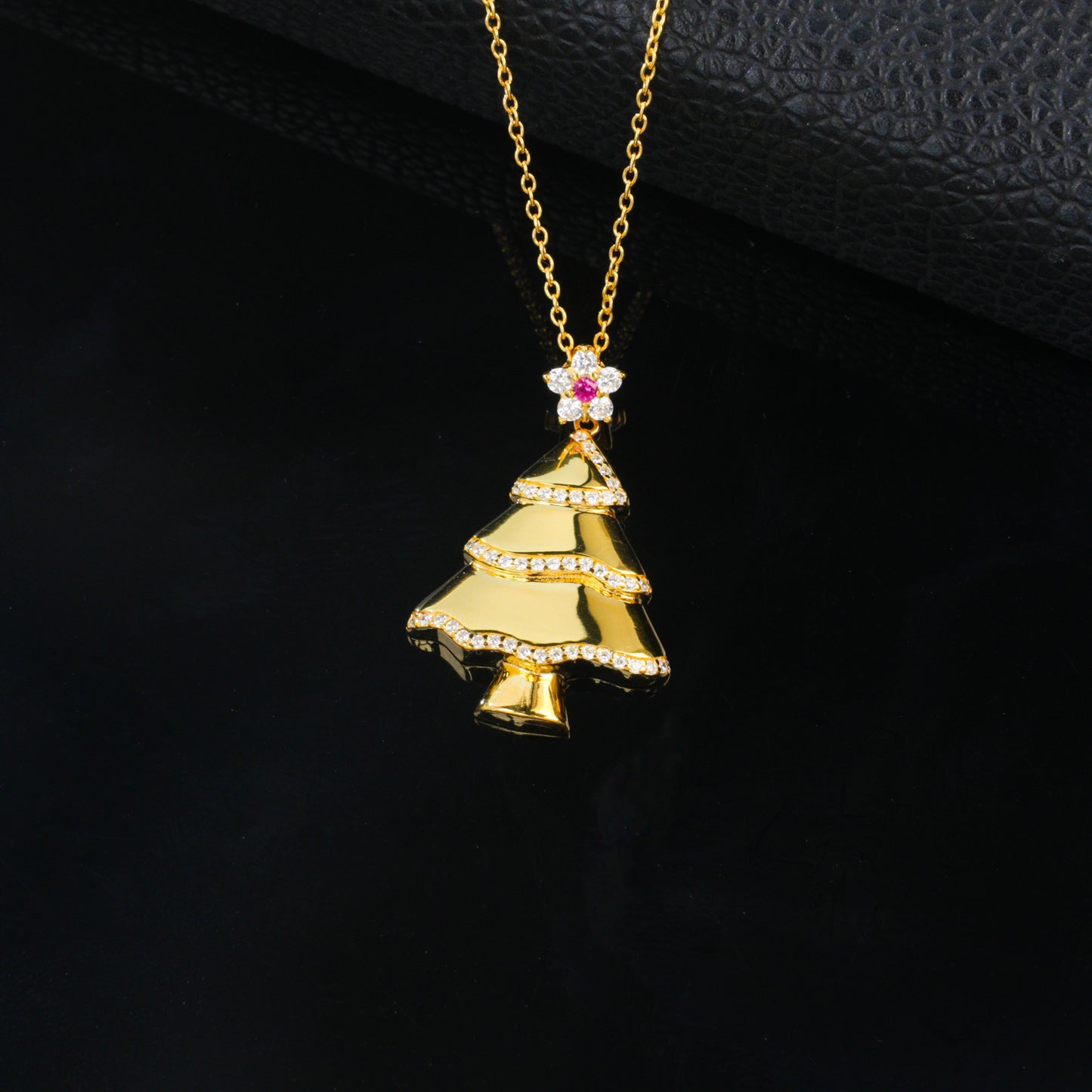 925 Sterling Silver Gold Tone Christmas Tree Pendant Necklace, CZ Paved Holiday Necklace with Ruby Red Accent