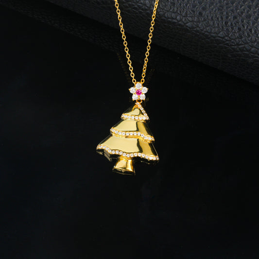 925 Sterling Silver Gold Tone Christmas Tree Pendant Necklace, CZ Paved Holiday Necklace with Ruby Red Accent