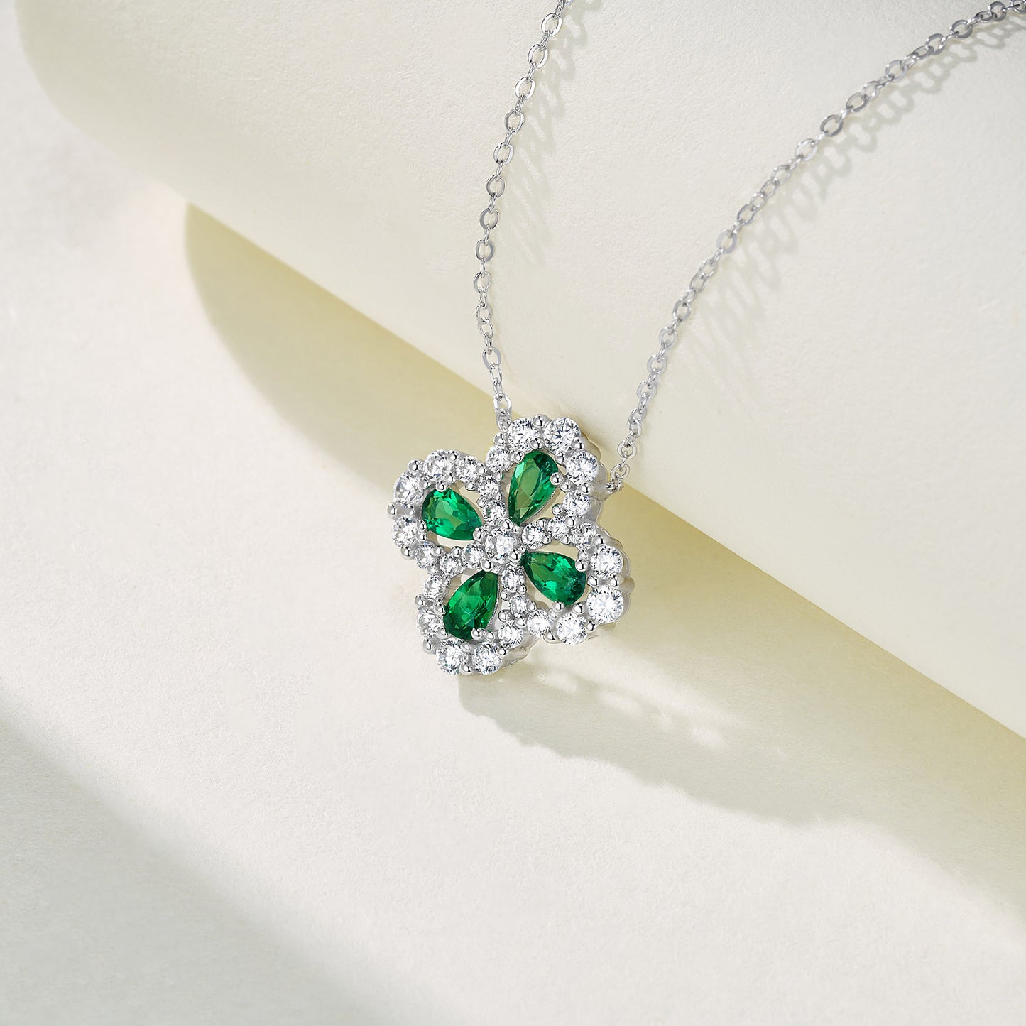 Lab Grown Emerald Four Leaf Clover Pendant Necklace, 925 Sterling Silver, Pear Cut 1ct Total
