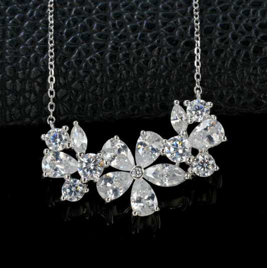 S925 Sterling Silver Clear Cubic Zirconia Flower Collar Necklace
