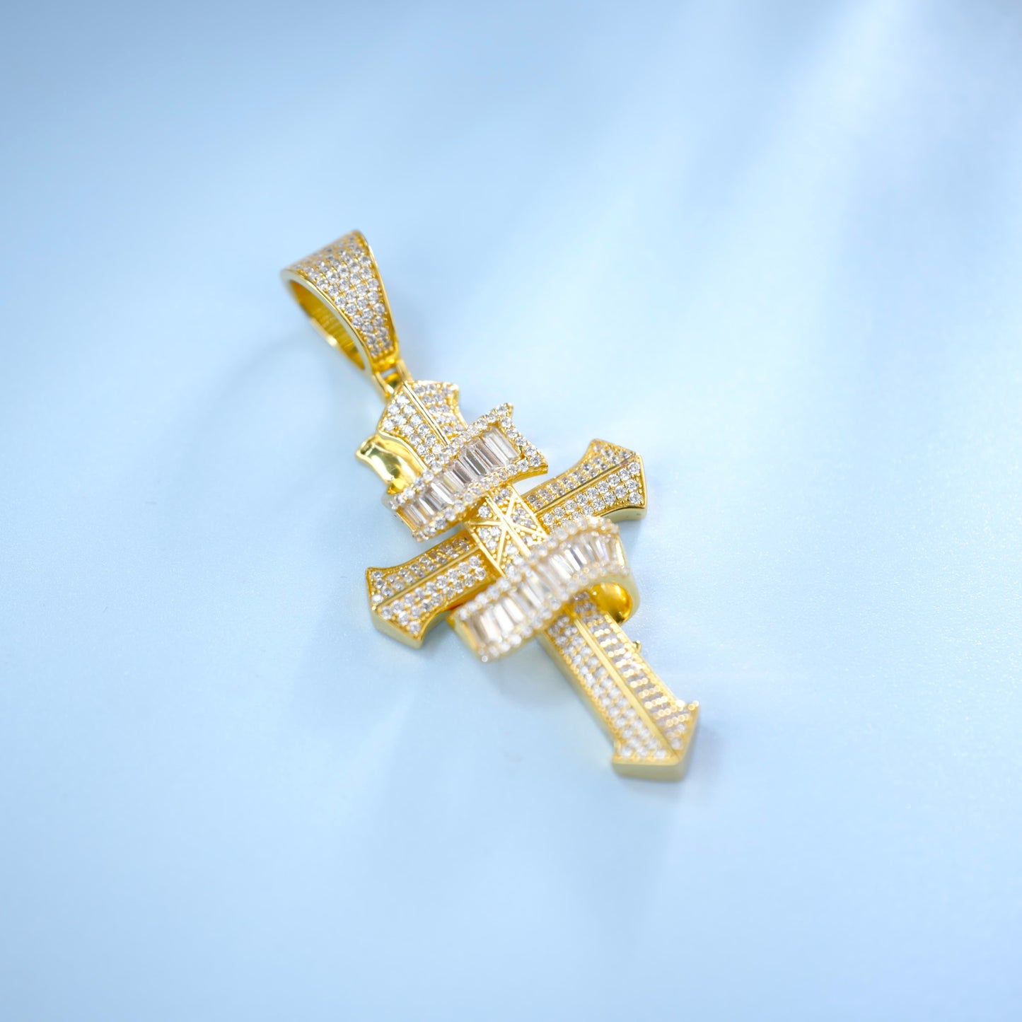 Iced Out Double Cross Pendant, Gold Plated 925 Sterling Silver Baguette Cut Hip Hop Charm