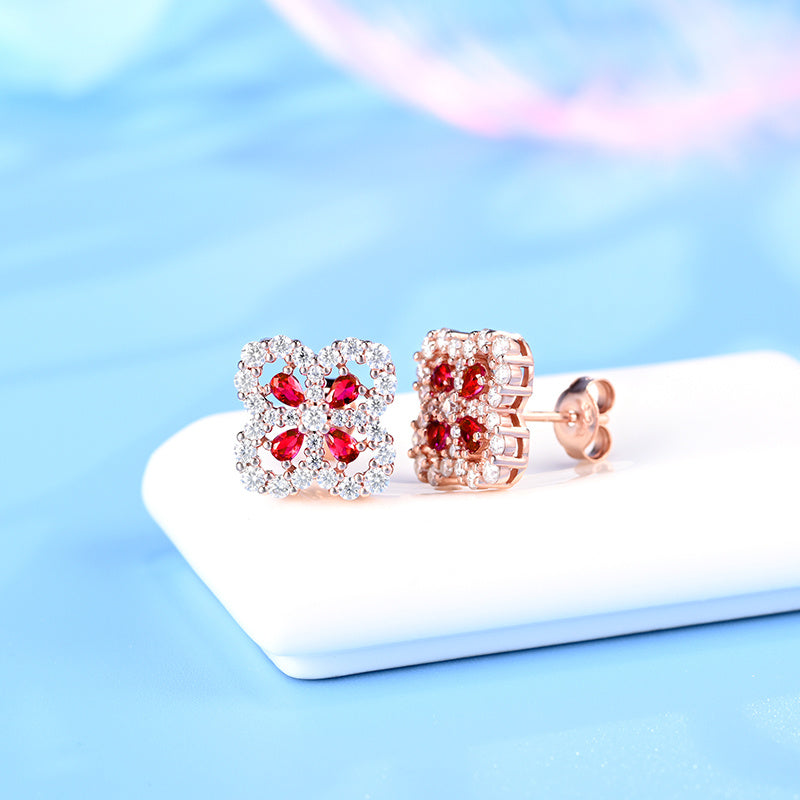 Lab Grown Ruby Four Leaf Clover Stud Earrings, 925 Sterling Silver Rose Gold Pave Earrings for Women