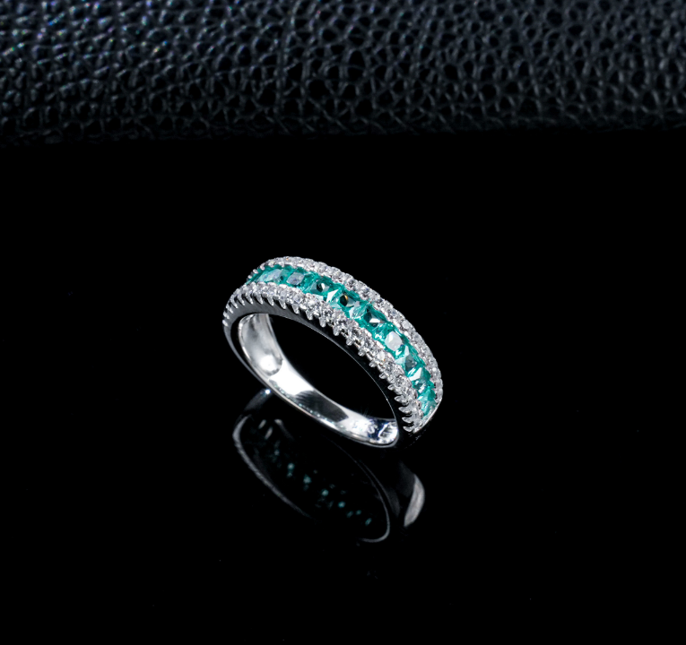 S925 Sterling Silver Lab Grown Paraiba Hue Green Garnet Half Eternity Ring