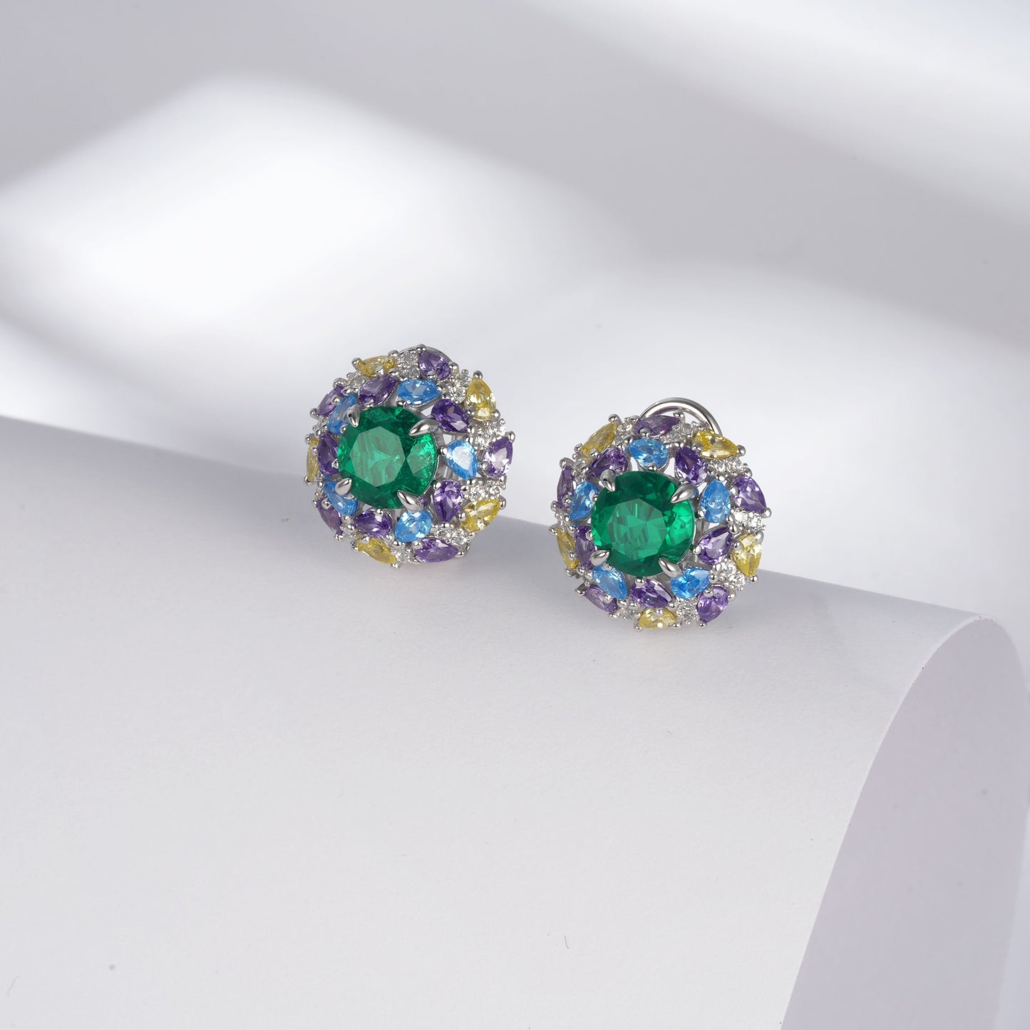 925 Sterling Silver Multi-Color Halo Stud Earrings, 2.19ct Round Lab Grown Emerald Earrings with Lab Created Gemstone Accents