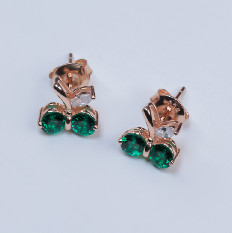 S925 Sterling Silver Rose Gold Plated Emerald Cherry Stud Earrings