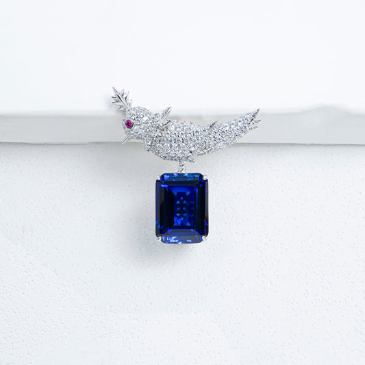 925 Sterling Silver Bird Brooch Pin, Emerald Cut Lab Grown Blue Sapphire Statement Brooch with Pave Zircon