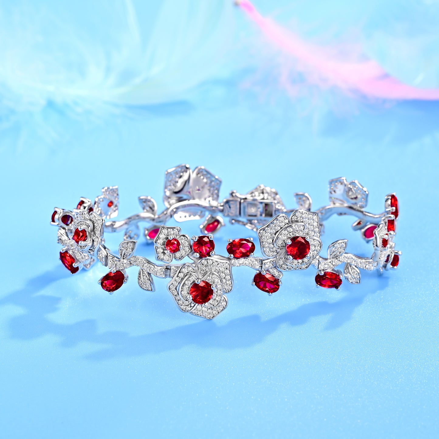 Lab Grown Ruby Rose Flower Bracelet, 925 Sterling Silver 9ct Red Gemstone Statement Bracelet, 4x6mm