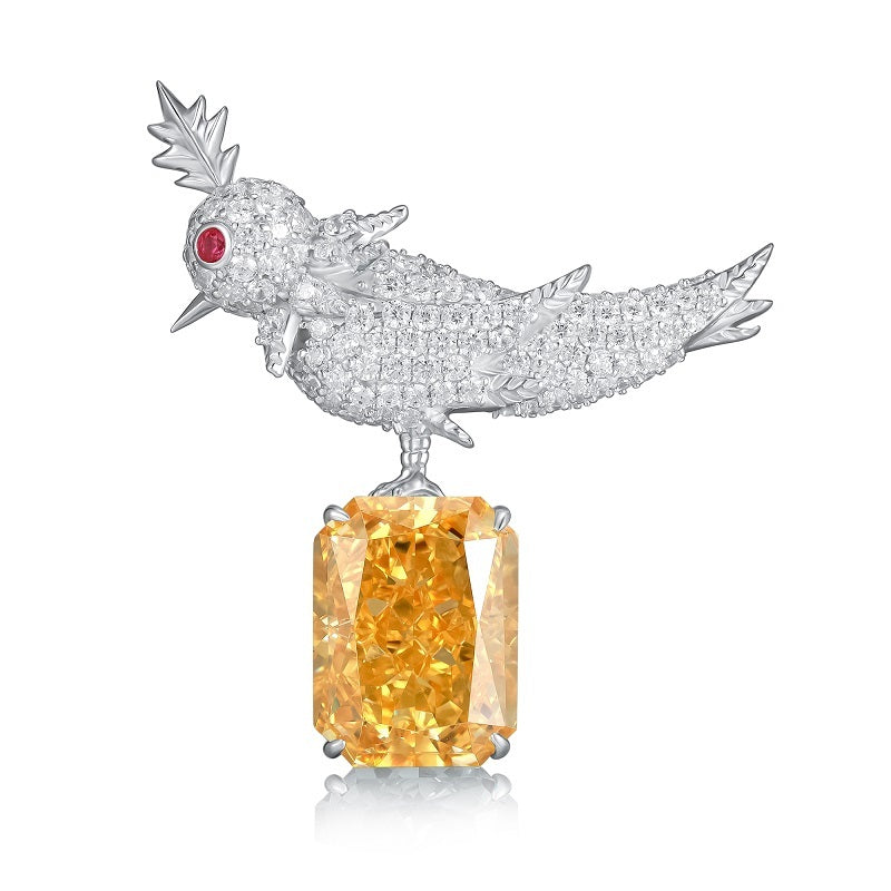 925 Sterling Silver Cubic Zirconia Bird Brooch, Radiant Cut Colored Stone Statement Lapel Pin
