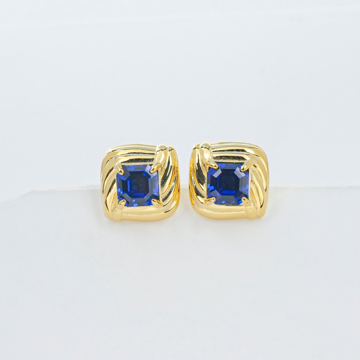 925 Sterling Silver Gold-Plated Square Twist Earrings | 5mm Princess Cut Lab-Grown Blue Sapphire Stud Earrings