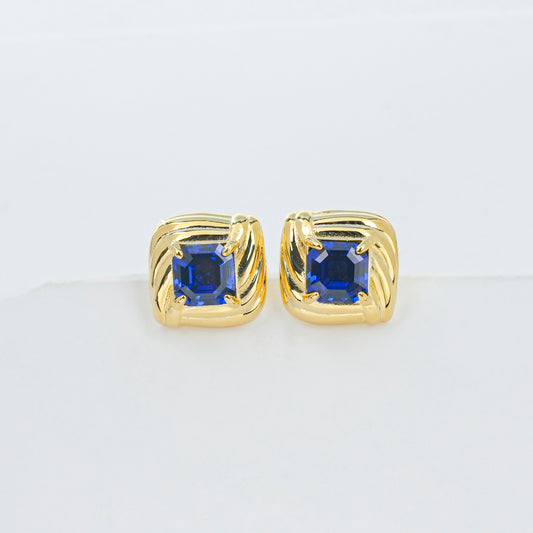 925 Sterling Silver Gold-Plated Square Twist Earrings | 5mm Princess Cut Lab-Grown Blue Sapphire Stud Earrings
