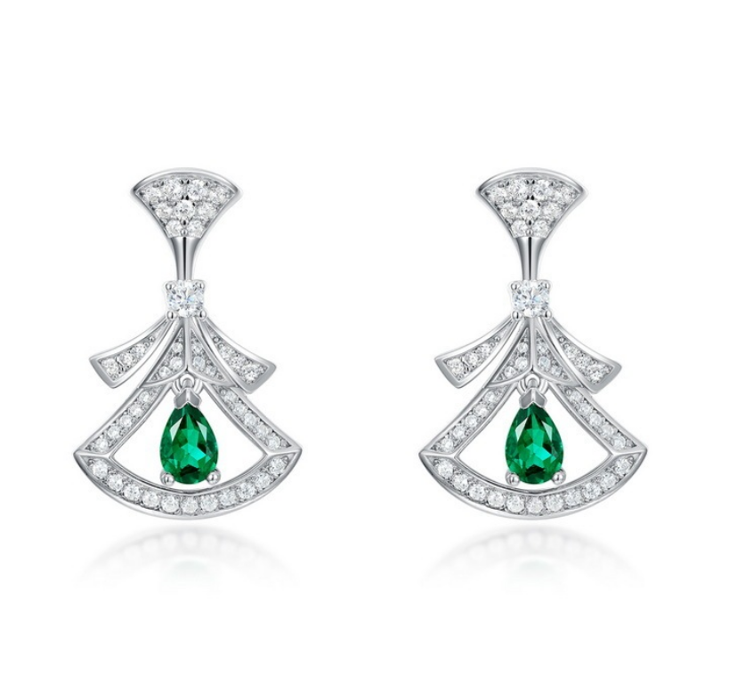 S925 Sterling Silver Lab Grown Emerald Pear Cut Skirt Shape Stud Earrings