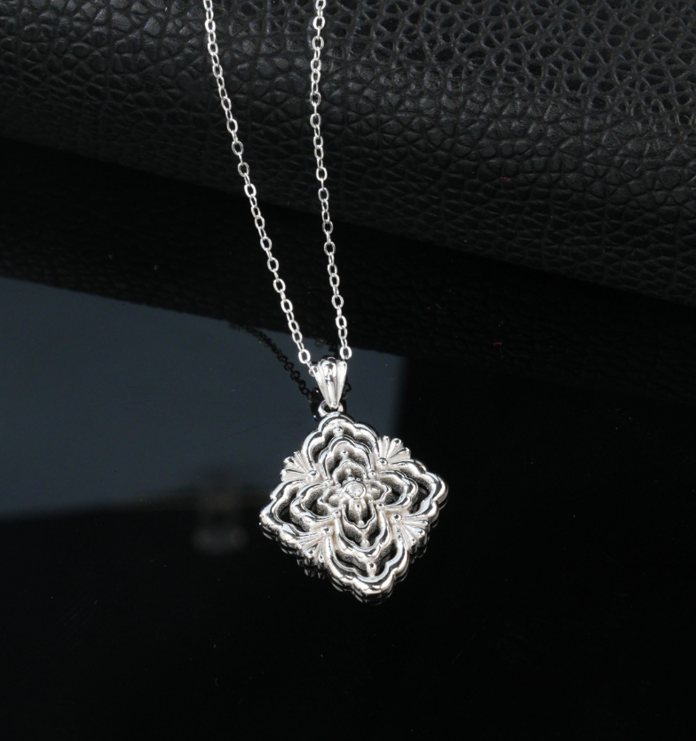 S925 Sterling Silver White Gold Plated Vintage Filigree Floral Openwork Pendant Necklace