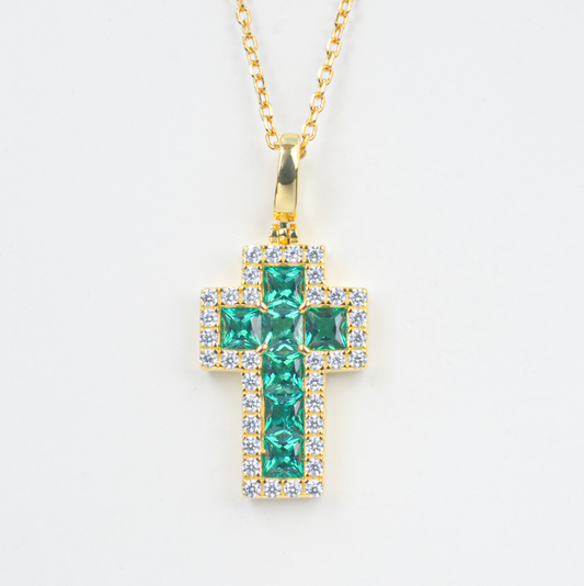 S925 Sterling Silver Lab Grown Emerald Princess Cut Halo Cross Pendant Necklace