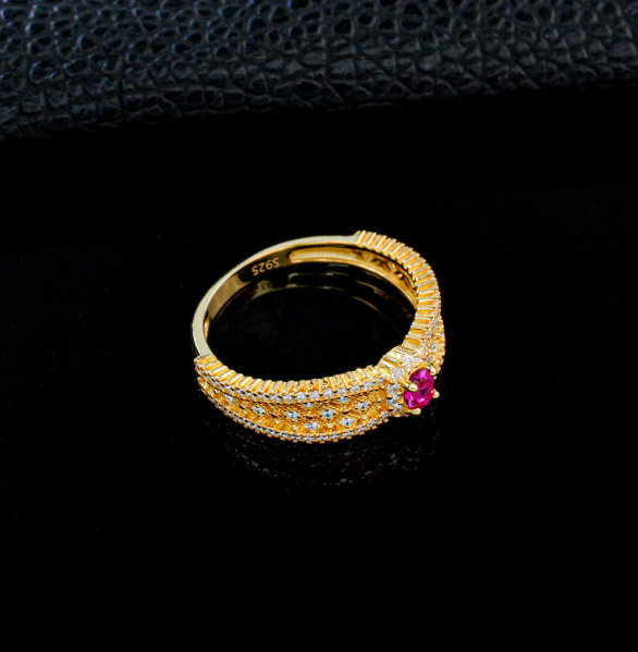 S925 Sterling Silver Gold Plated Ruby Vintage Lattice Ring