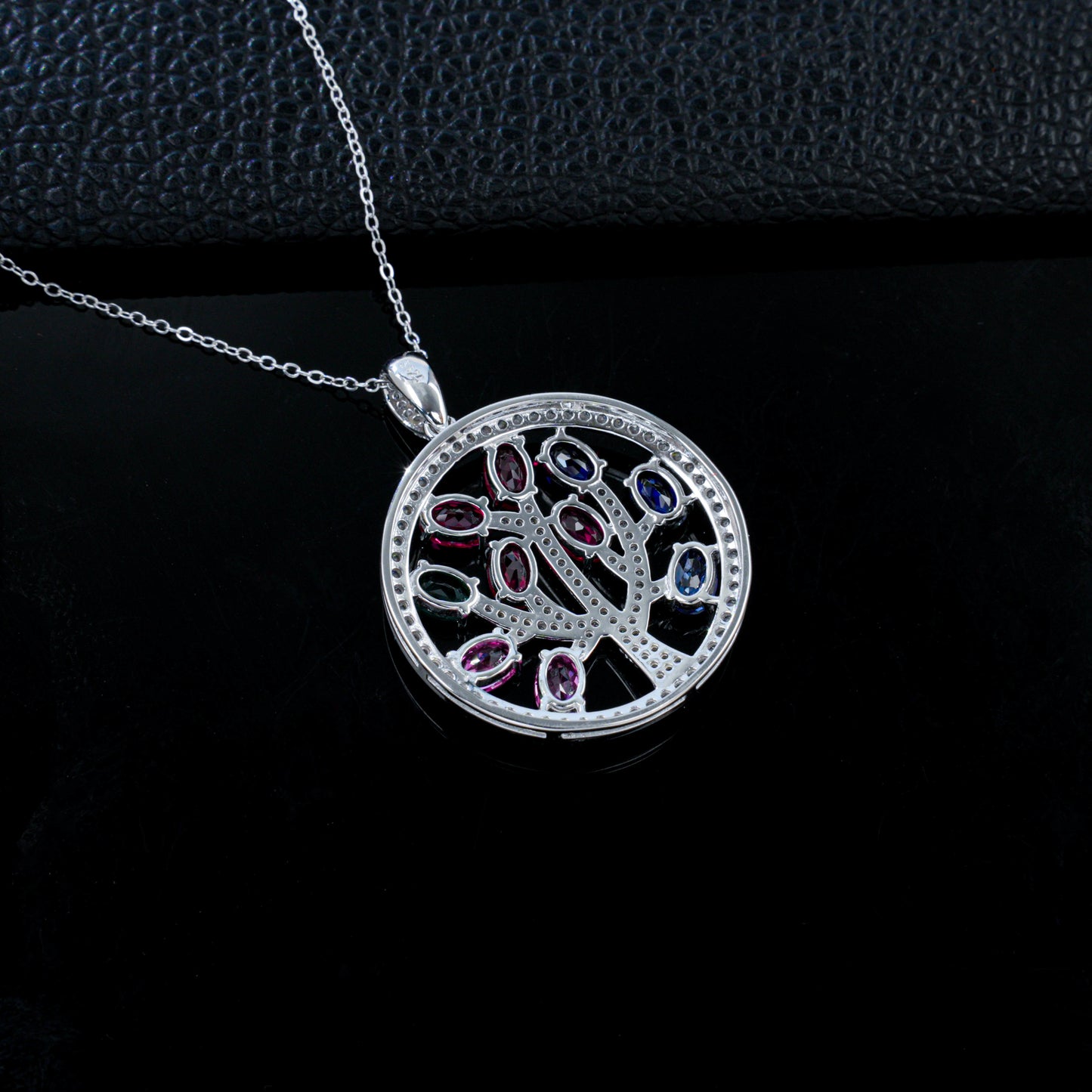925 Sterling Silver Tree of Life Pendant Necklace, Multi-Color Lab Grown Gemstone Circle Necklace with Pave CZ