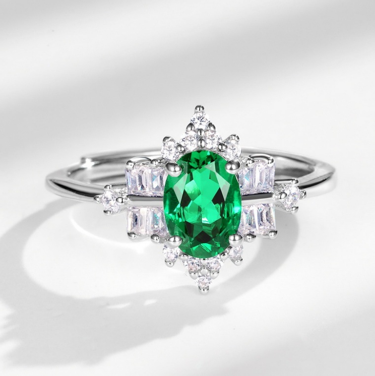 S925 Sterling Silver Emerald Starburst Halo Adjustable Ring