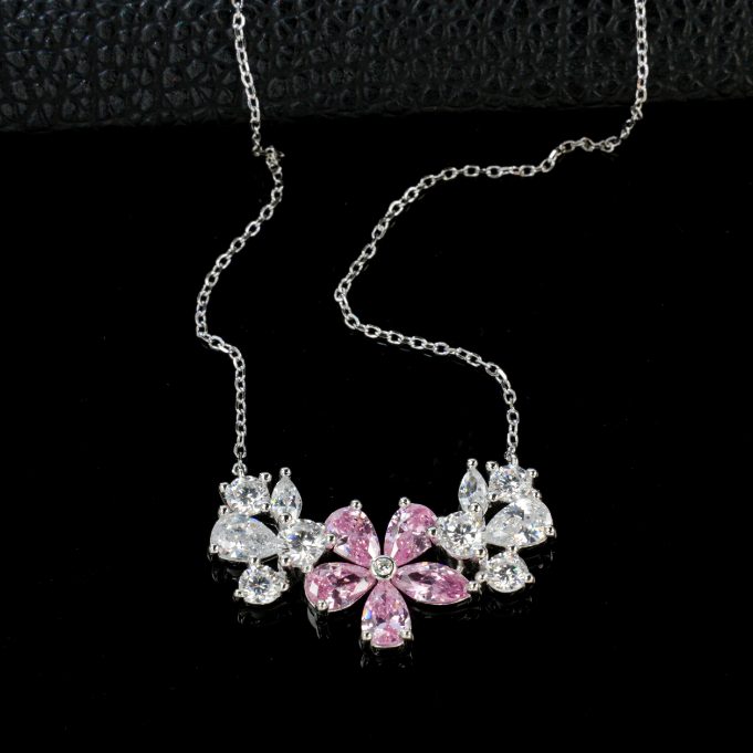 S925 Sterling Silver Pink Cubic Zirconia Flower Collar Necklace