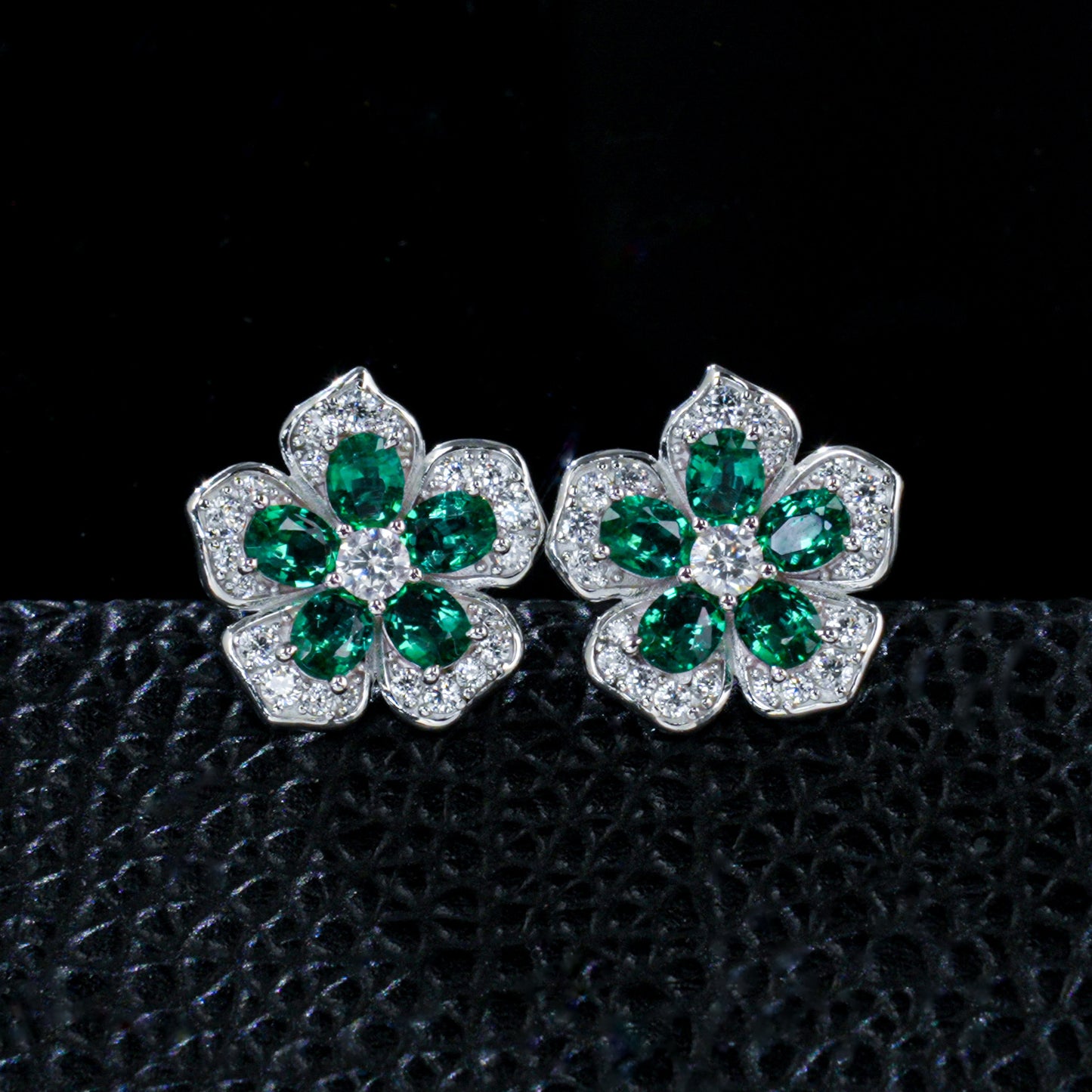 925 Sterling Silver Flower Stud Earrings, Oval Cut Lab Grown Emerald Earrings with Pave CZ