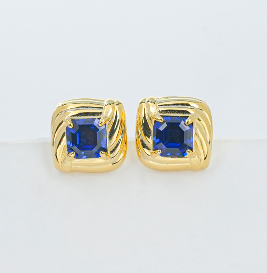 S925 Sterling Silver Lab Grown Blue Sapphire Twisted Square Stud Earrings