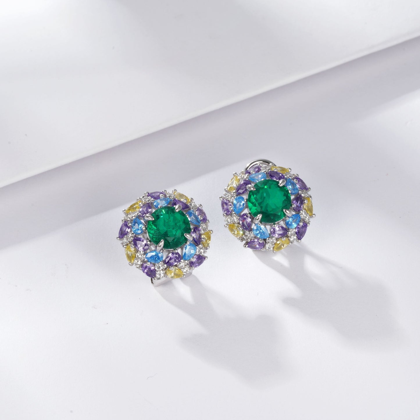 925 Sterling Silver Multi-Color Halo Stud Earrings, 2.19ct Round Lab Grown Emerald Earrings with Lab Created Gemstone Accents