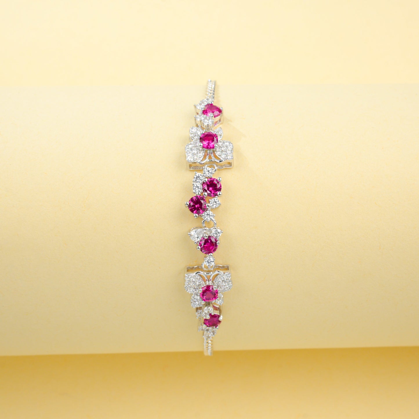 Lab Grown Ruby Floral Cluster Station Bracelet, 925 Sterling Silver 1.62ct Red Gemstone with CZ Accents, 7 Stones