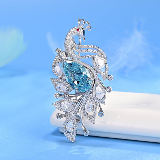 Blue Cubic Zirconia Peacock Brooch Pin, 925 Sterling Silver 10.6ct CZ Statement Bird Jewelry