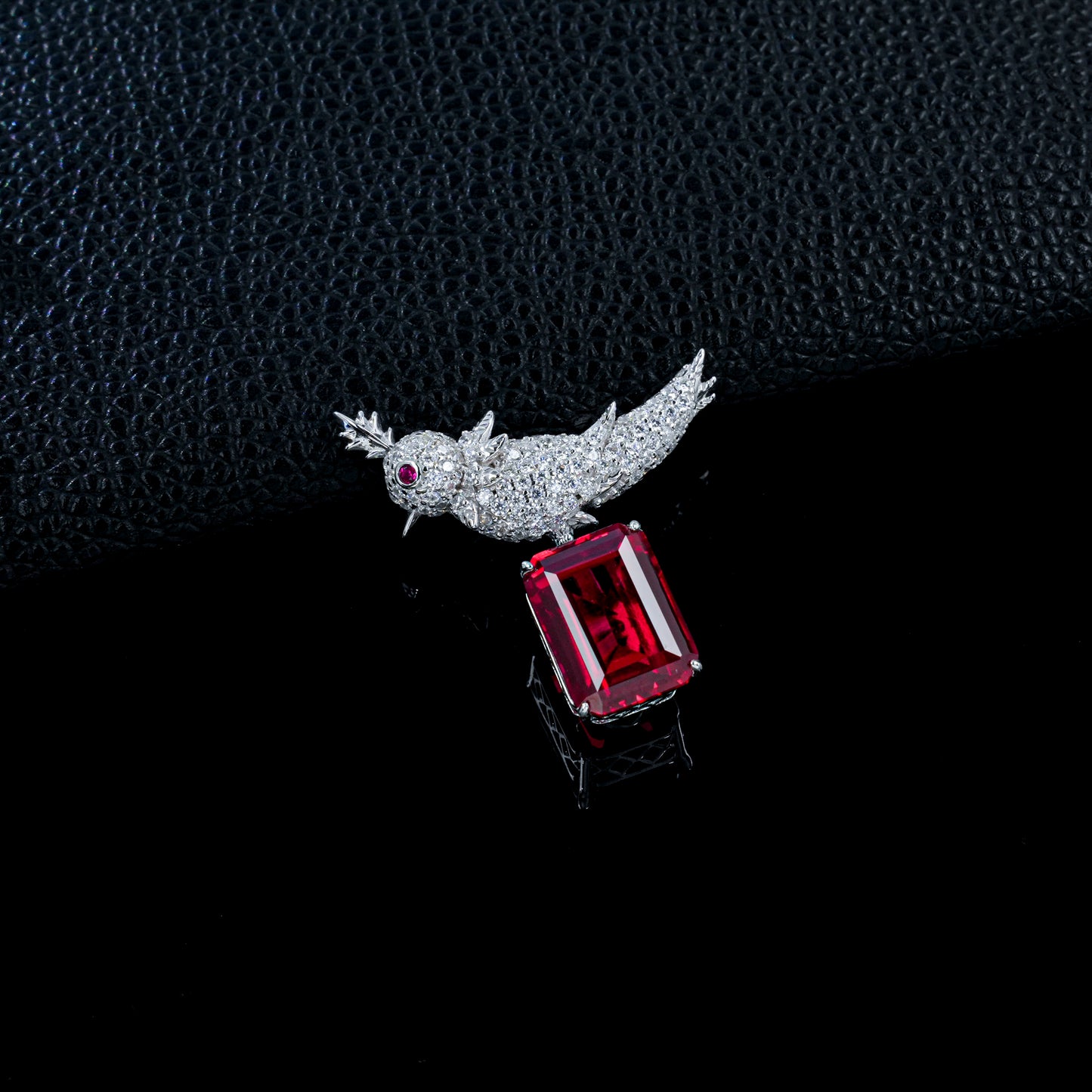 Lab Grown Ruby Bird Brooch, 925 Sterling Silver Emerald Cut Red Gemstone Statement Lapel Pin