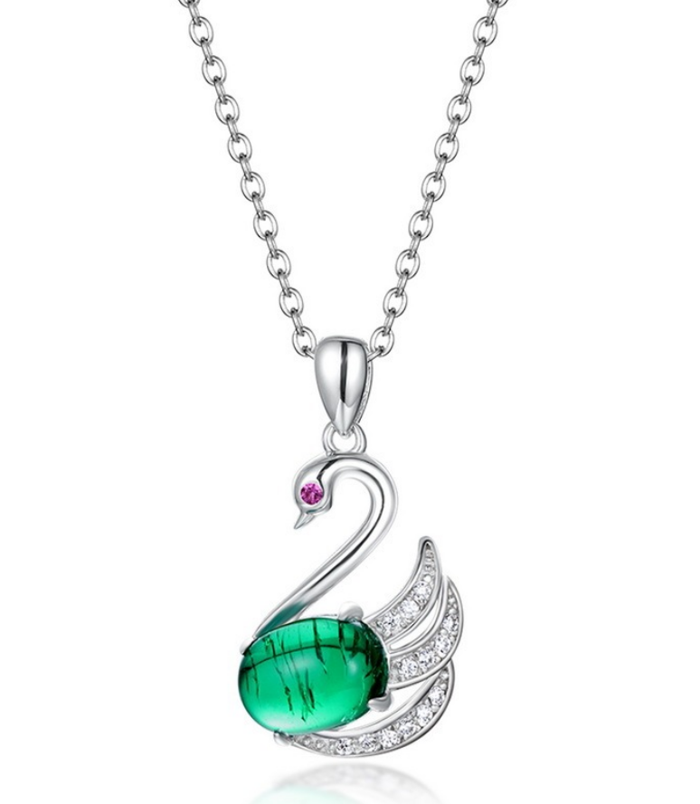 S925 Sterling Silver Lab Grown Emerald Cabochon Swan Pendant Necklace