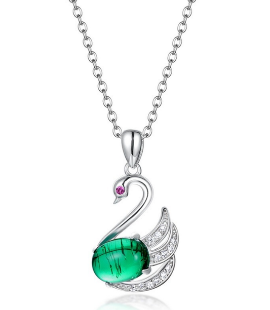 S925 Sterling Silver Lab Grown Emerald Cabochon Swan Pendant Necklace
